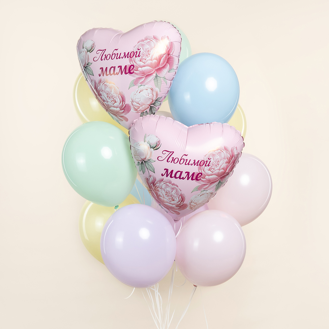 Шар (19''/48 см) Сердце, Любимой Маме (пионы), 1 шт.