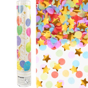 Пневмохлопушка (12/30 см), Воздушные шары, Звезды фольга и круги тишью, Золото, 1 шт.