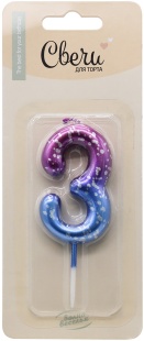 Свеча Цифра, 3 Сияющий космос, на шпажке, Градиент, 6 + 3 см, 1 шт. с держат.