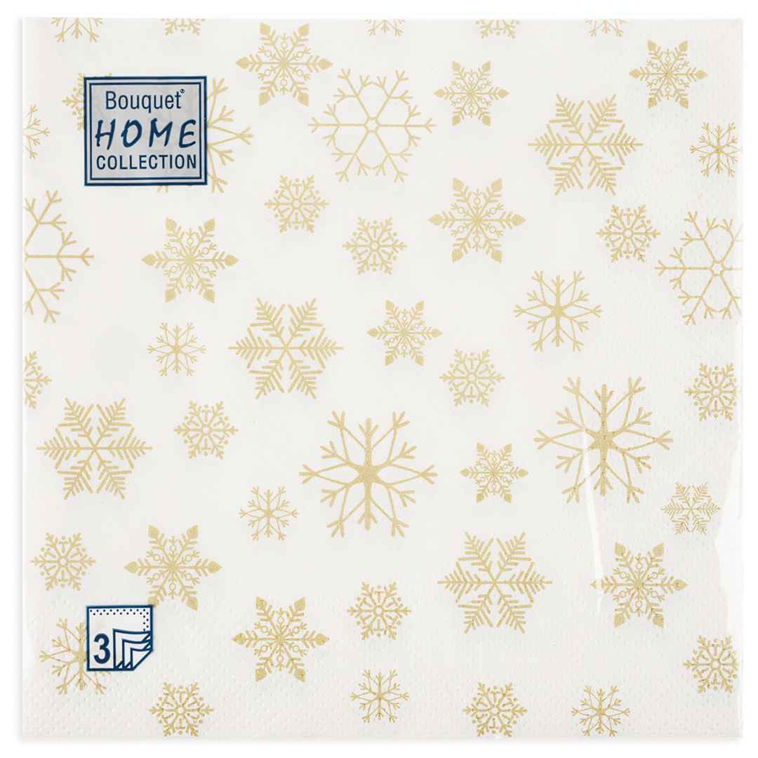 Сервировочные салфетки, Золотые снежинки, Белый, 33*33 см, 20 шт.