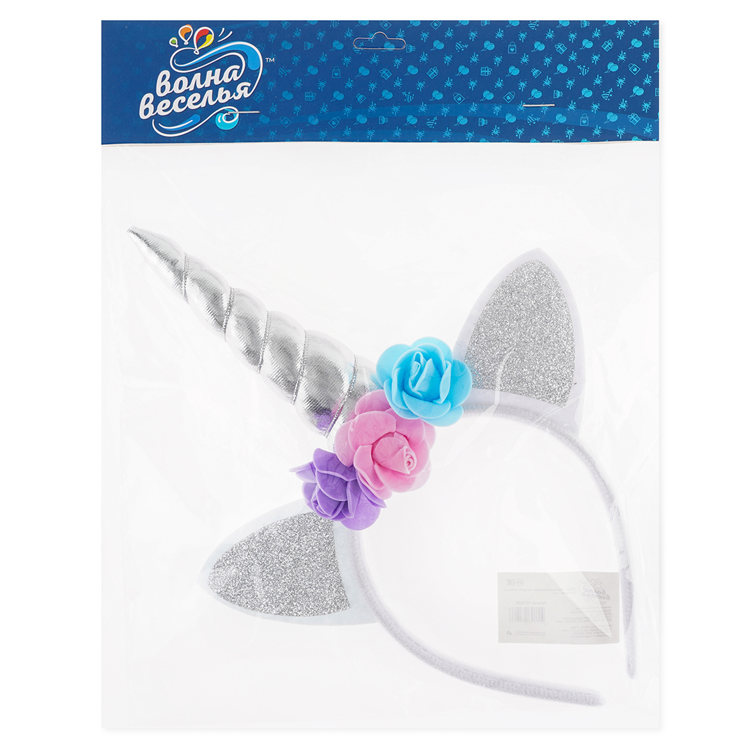 Ободок, Цветочный единорог, Белый/Серебро, с блестками, 1 шт. 