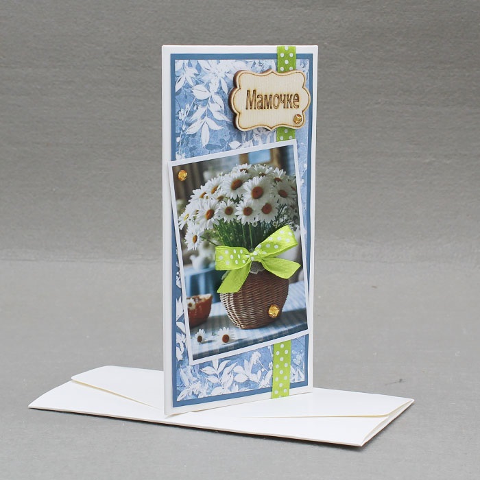 Конверт для денег 3D, Мамочке (букет ромашек), с блестками, 1 шт.