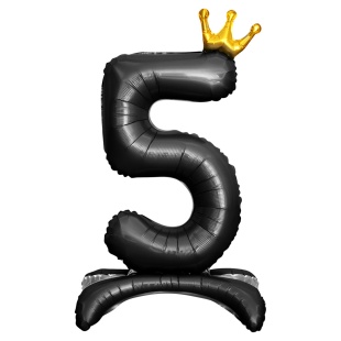 Шар (32''/81 см) Цифра на подставке, 5 Золотая корона, Черный, 1 шт. в уп.