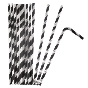 Трубочки для коктейлей, с гофрой, Полосы, Черный/Серебро, Металлик, 12 шт. в упак. 