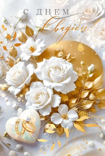 Открытка, С Днем Свадьбы! (розы и кольца), Металлик, 12,2*18,2 см, 10 шт.