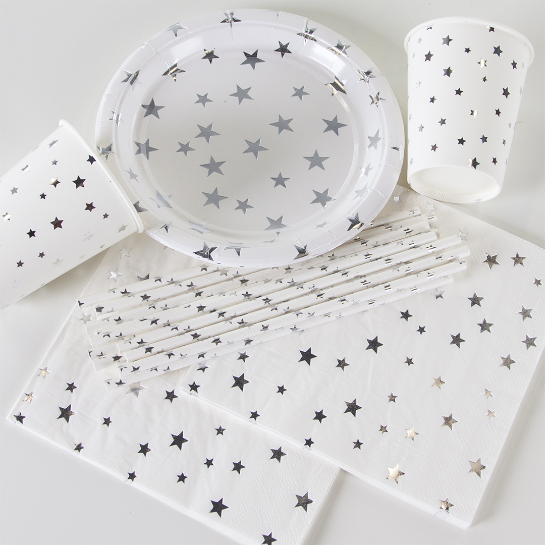 Стаканы (250 мл) Серебристые звезды, Белый/Серебро, Металлик, 6 шт.