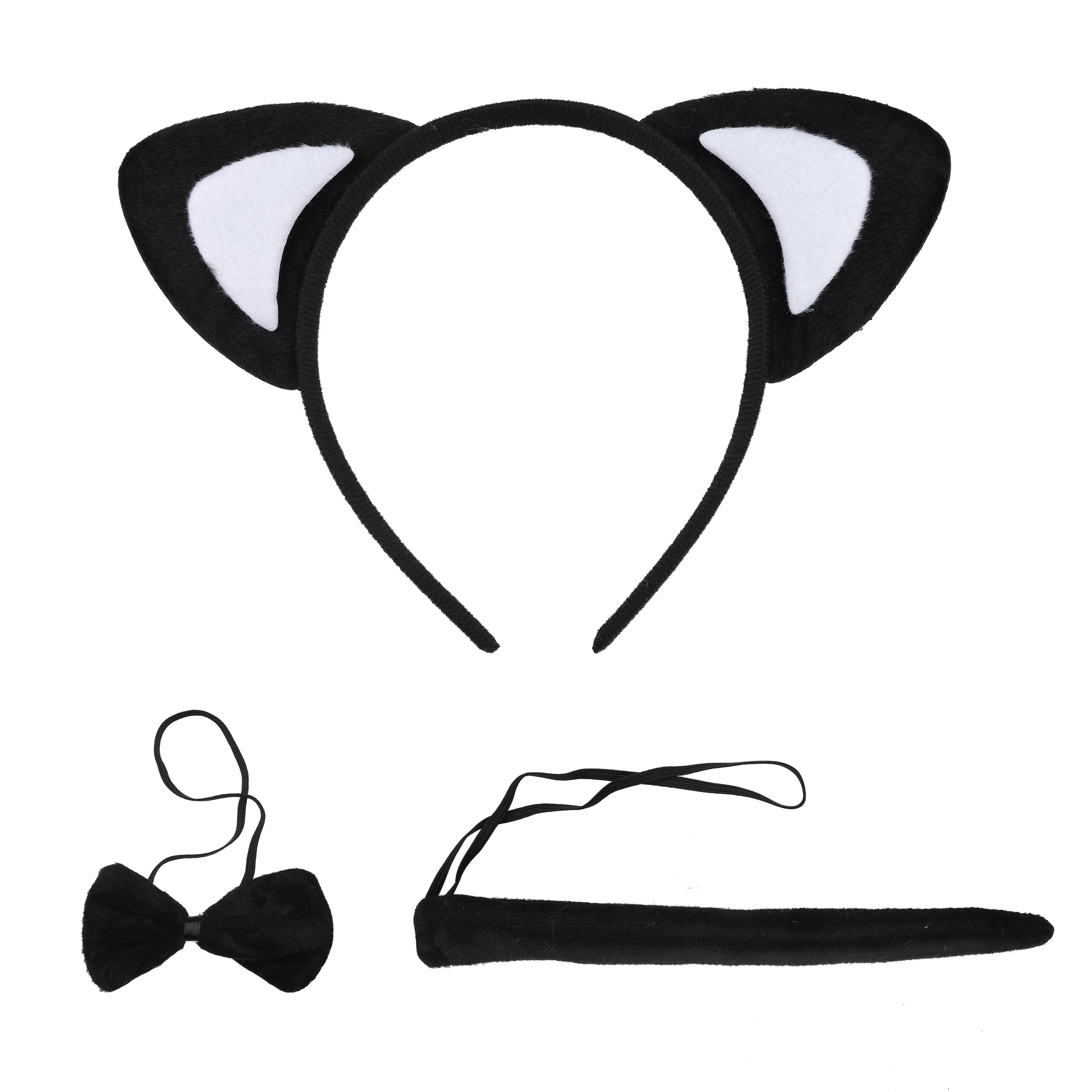 Набор (ушки, бантик, хвостик), Котик, Черный/Белый, 1 шт. 
