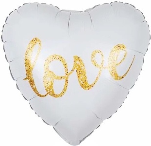 Шар (18''/46 см) Сердце, Любовь, Белый/Золото, 1 шт. в уп. (цв.этик.)