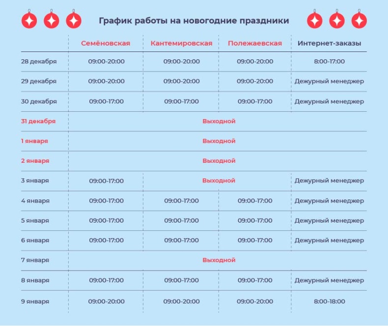График работы на новогодних праздниках 