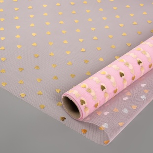 Фатин в рулоне (0,5*4,57 м) Золотые сердечки, Розовый, Металлик, 1 шт.