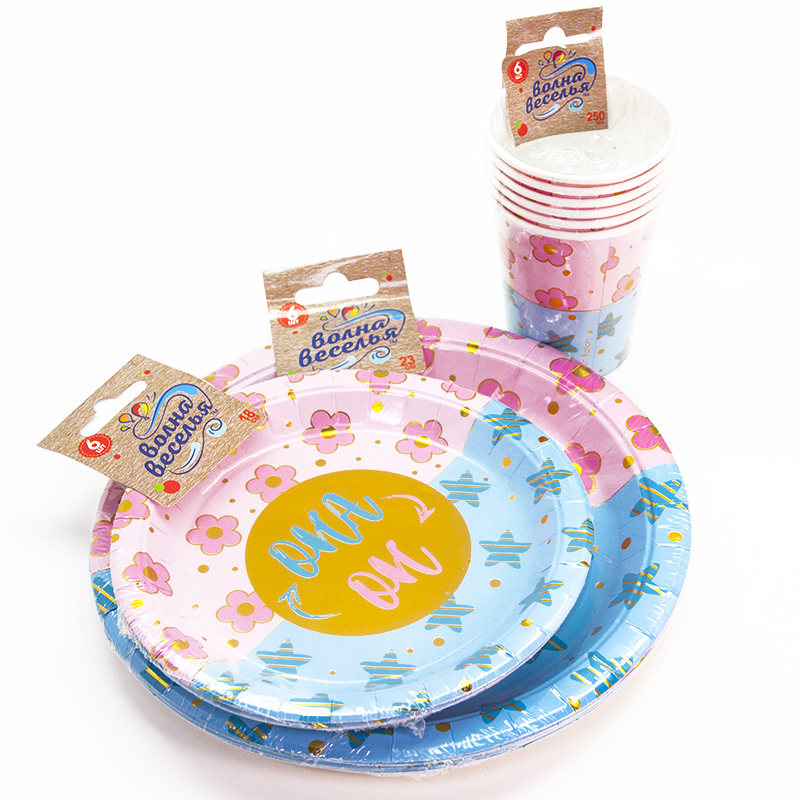 Тарелки (9''/23 см) Гендер Пати, Голубой/Розовый, Металлик, 6 шт.