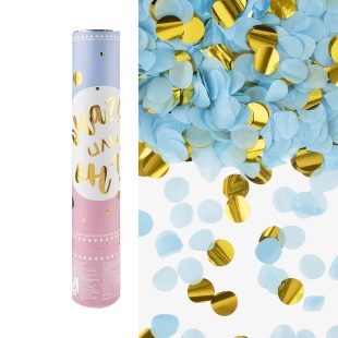 Пневмохлопушка (12/30 см), Гендер Пати, Круги фольга и тишью, Голубой/Золото, Металлик, 1 шт.