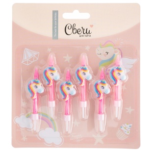 Свечи Фигура, Радужные единороги, 2*6 + 1 см, 6 шт. с держат.