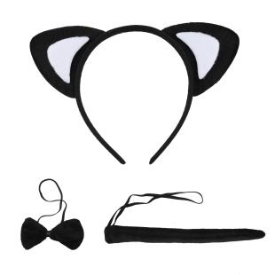 Набор (ушки, бантик, хвостик), Котик, Черный/Белый, 1 шт. 