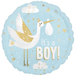 Шар (18''/46 см) Круг, Аист принес мальчика, Голубой, 1 шт. в уп. (цв.этик.)