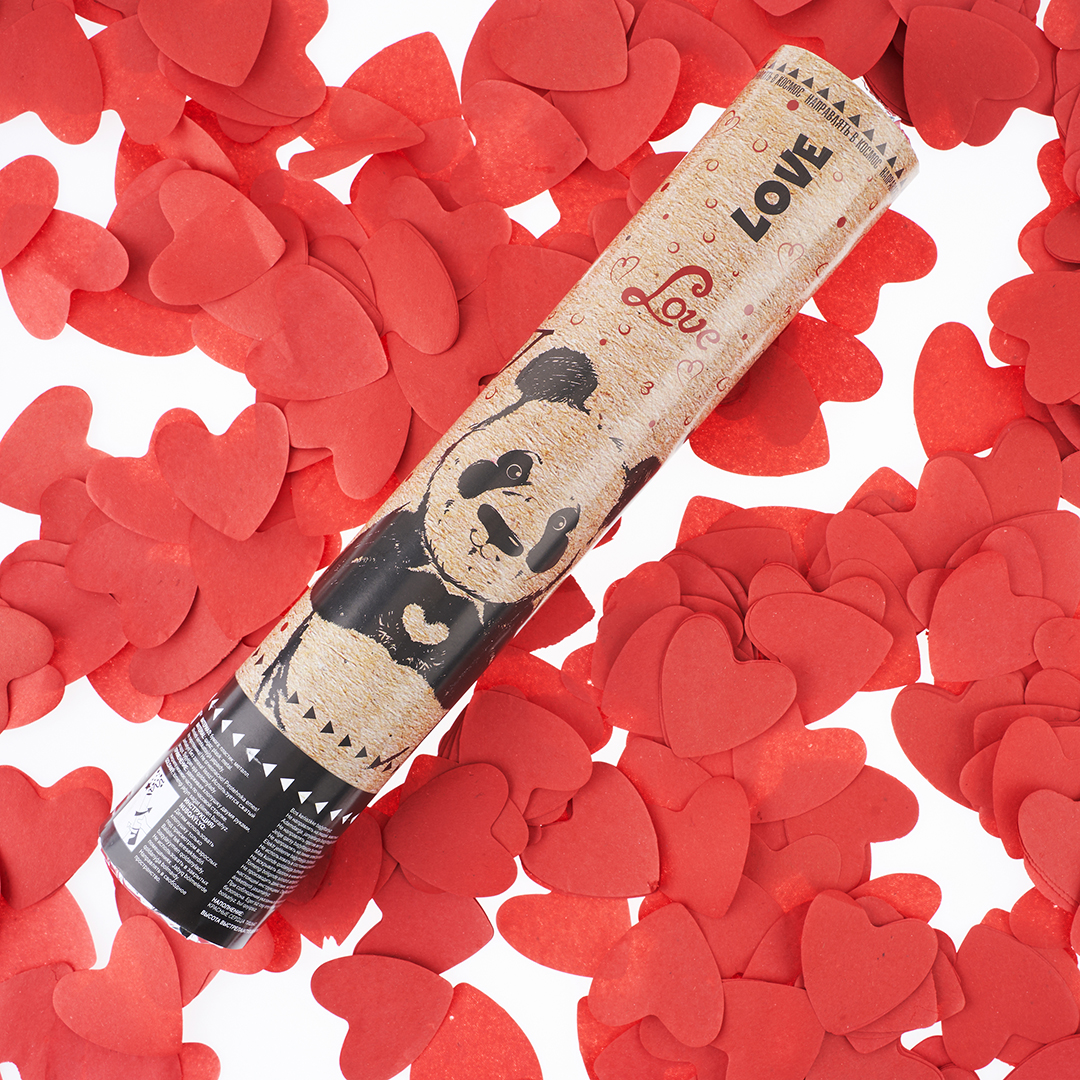 Пневмохлопушка (12/30 см), Панда, Сердца тишью, Красный, 1 шт.