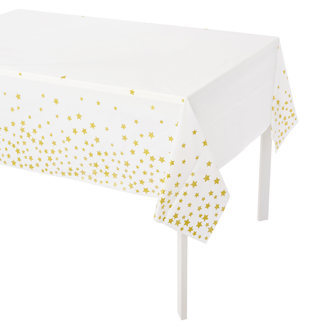 Скатерть одноразовая, Звезды, Белый/Золото, 137*274 см, 1 шт.
