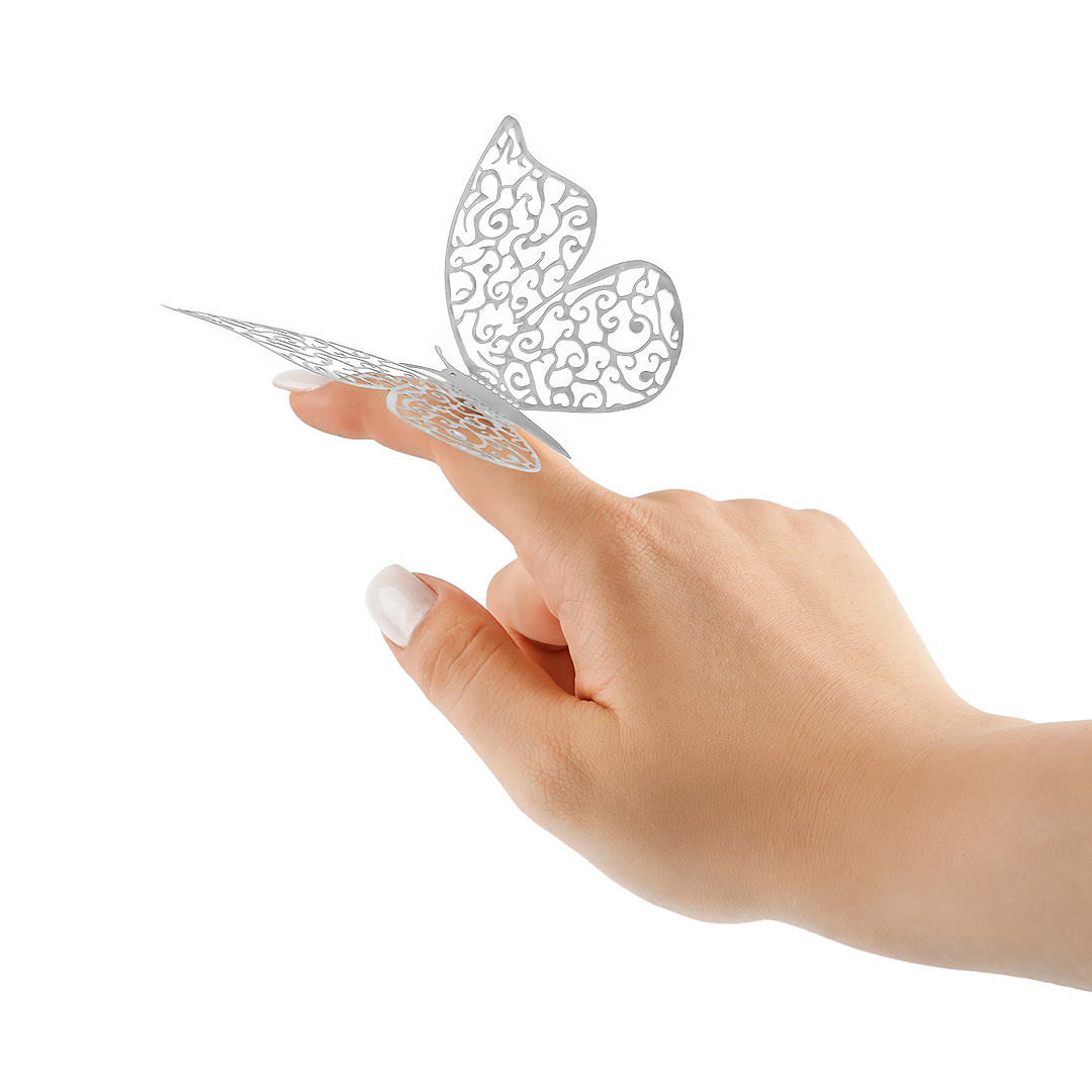 Наклейки Ажурные бабочки, Серебро, 8-12 см*12 шт, 1 упак.