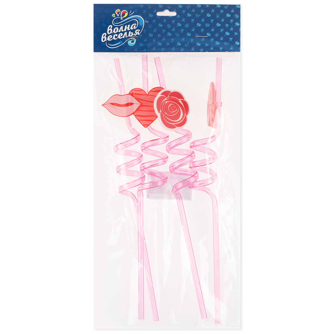Трубочки для коктейлей (пластик), Романтика, Розовый, 4 шт. в упак. 