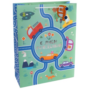 Пакет подарочный, 210гр, С Днем Рождения! (машинки), Металлик, 23*18*10 см, 1 шт.