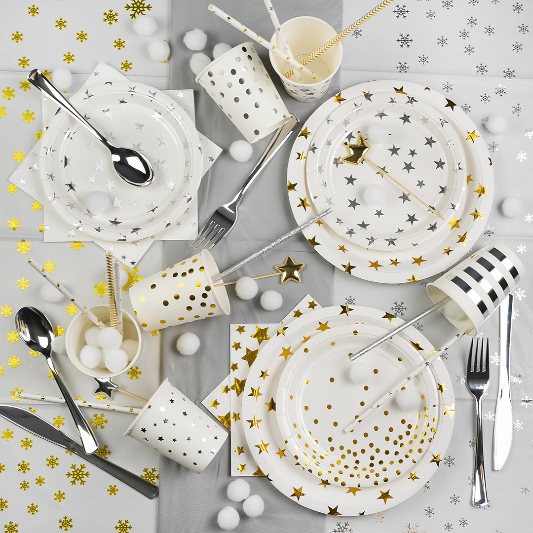 Тарелки (9''/23 см) Золотые звезды, Белый/Золото, Металлик, 6 шт.