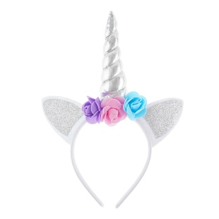 Ободок, Цветочный единорог, Белый/Серебро, с блестками, 1 шт. 
