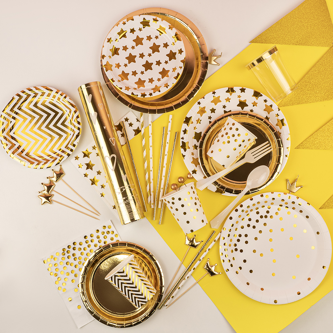 Тарелки (7''/18 см) Звезды Микс, Белый/Золото, Металлик, 6 шт.