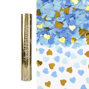 Пневмохлопушка (12/30 см), Гендер Пати, Ура, Мальчик!, Сердца фольга и тишью, Голубой/Золото, Металл