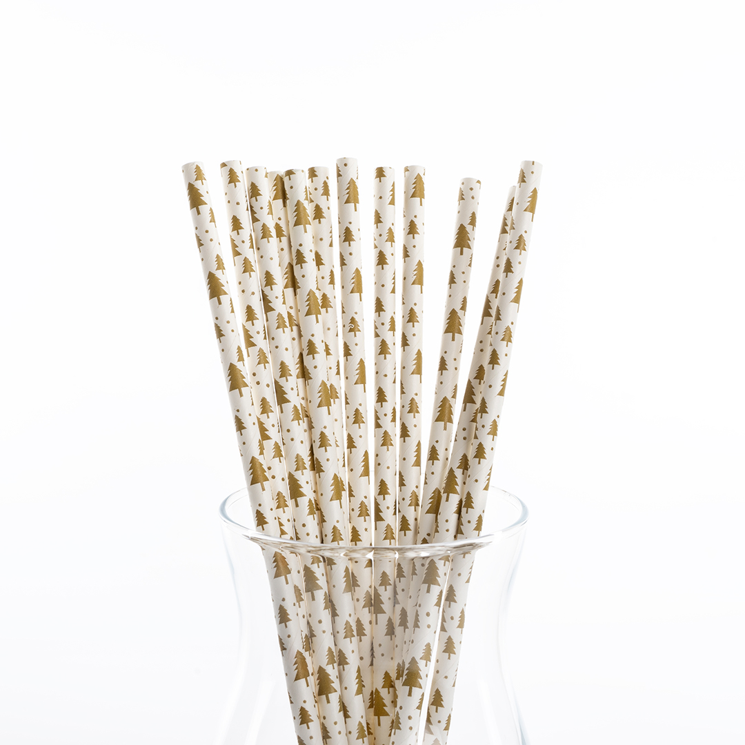 Трубочки для коктейлей, Елочки, Белый/Золото, 12 шт. в упак. 