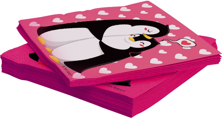 Сервировочные салфетки, Влюбленные пингвины, Розовый, 33*33 см, 20 шт.