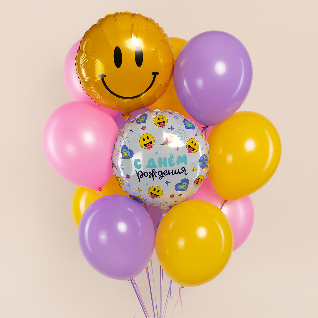 Шар (18''/46 см) Круг, Смайл, Желтый, 1 шт.