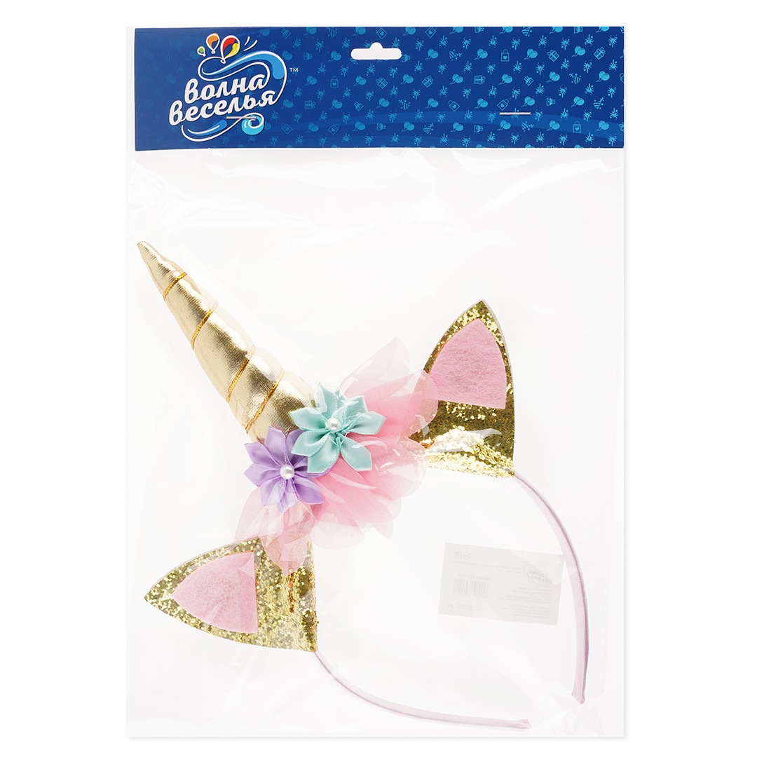 Ободок, Цветочный единорог, Золото/Розовый, с блестками, 1 шт. 
