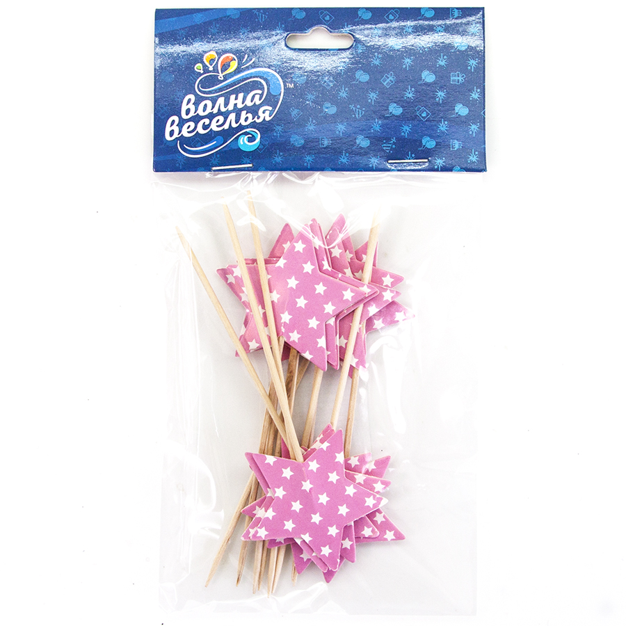 Пики Топперы, Звезда, Белые точки, Розовый, 4*12 см, 12 шт.
