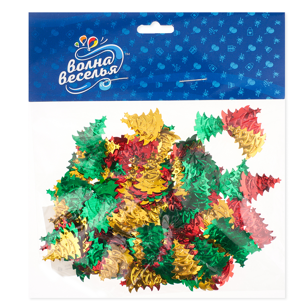 Конфетти Елочки, Зеленый/Красный/Золото, 2,5 см, 15 г.