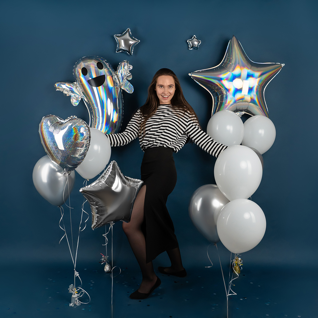 Шар (32''/81 см) Звезда, Серебро, Голография, 1 шт.