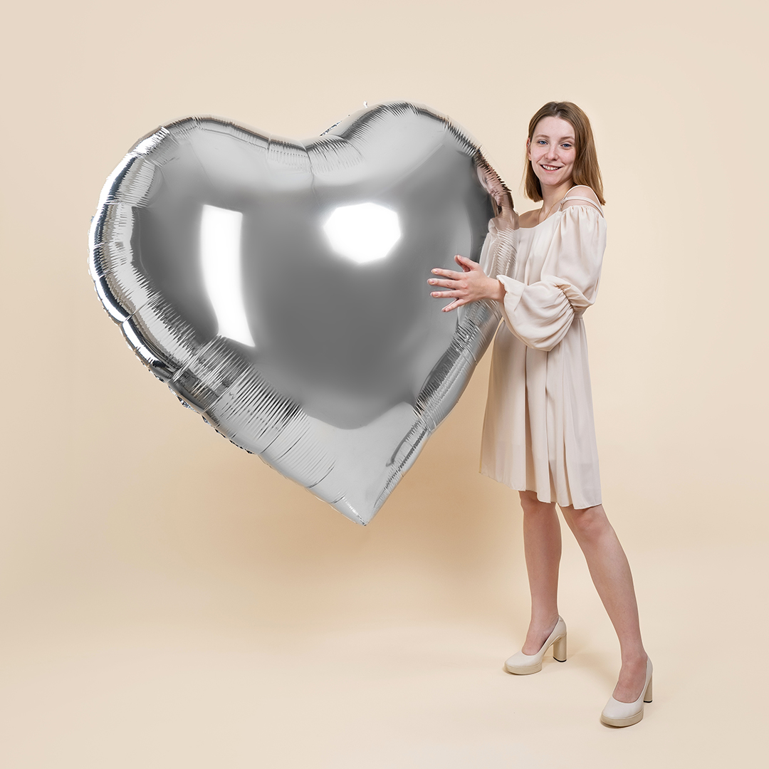 Шар (63''/160 см) Сердце, Серебро, Металлик, 1 шт. в уп.