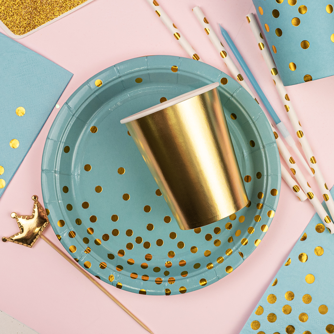 Тарелки (9''/23 см) Конфетти, Светло-голубой/Золото, Металлик, 6 шт.