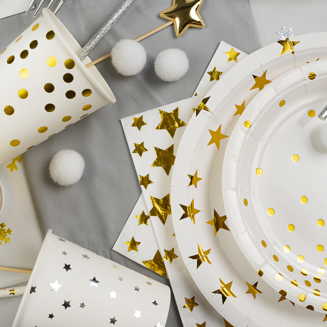 Тарелки (9''/23 см) Золотые звезды, Белый/Золото, Металлик, 6 шт.