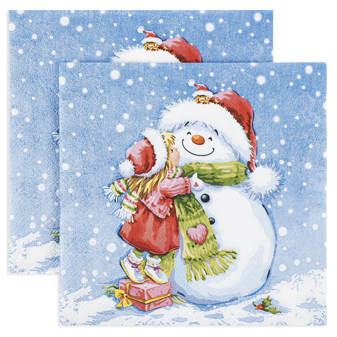 Сервировочные салфетки, Снеговик и девочка, Голубой, 33*33 см, 20 шт.