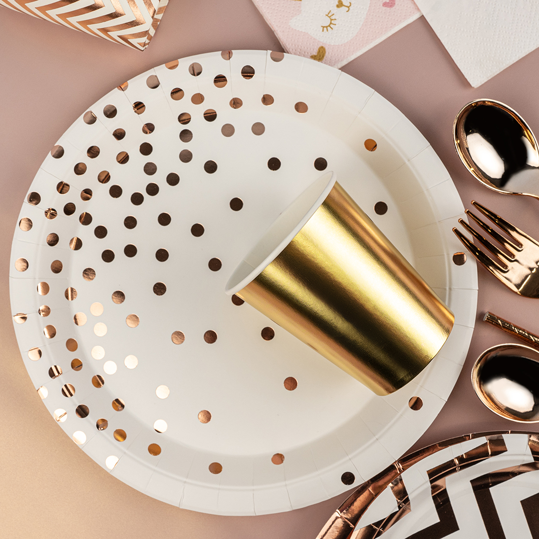 Тарелки (9''/23 см) Конфетти, Белый/Розовое золото, Металлик, 6 шт.