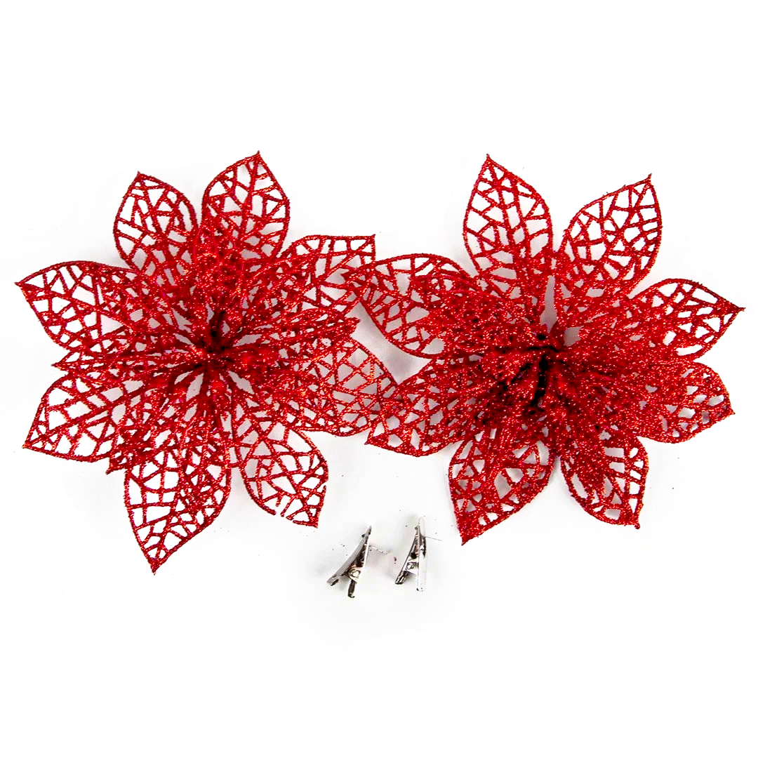 Цветок Пуансеттия, на клипсе, 14 см. Красный, с блестками, 2 шт.