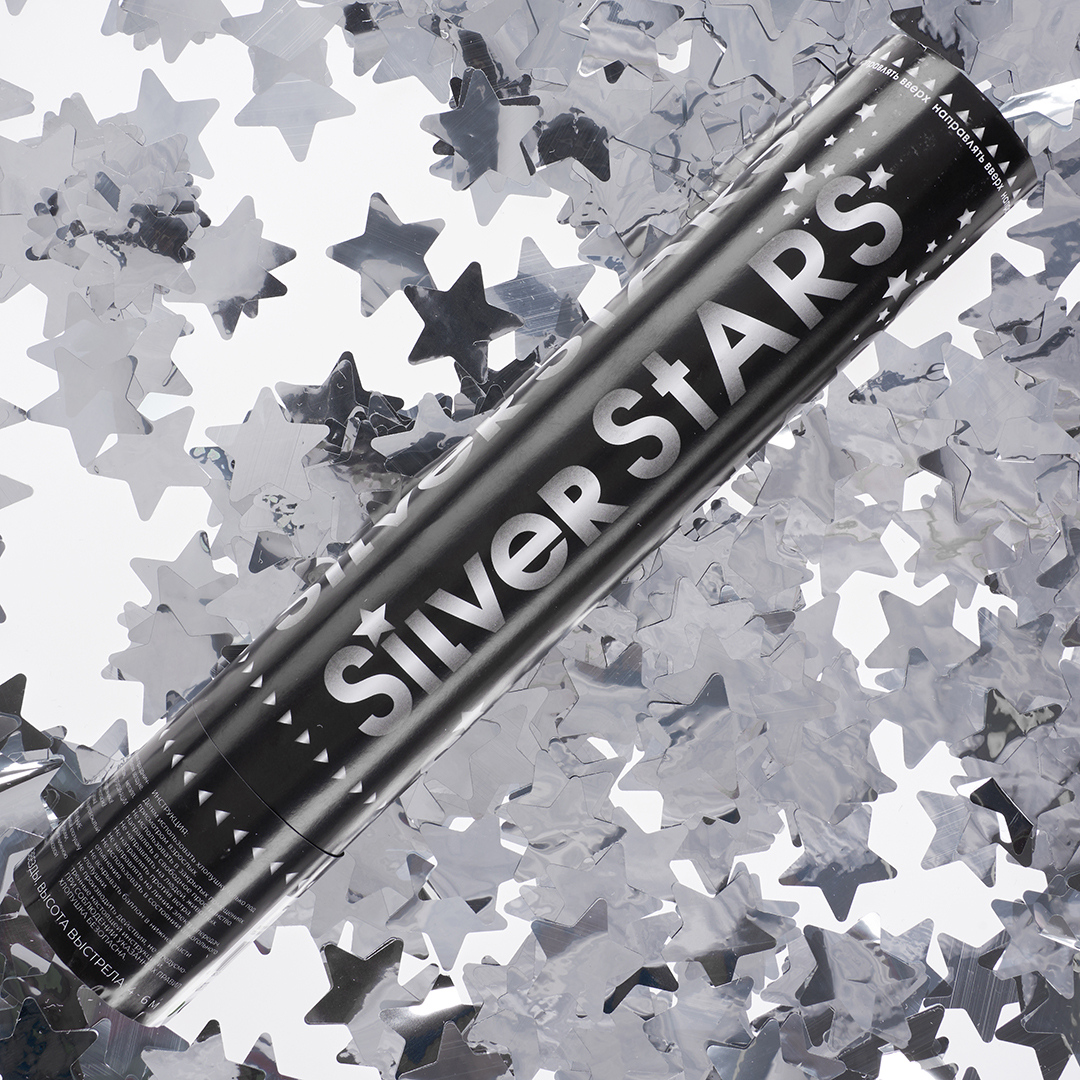 Пневмохлопушка (12/30 см), Звезды фольга, Серебро, Металлик, 1 шт.