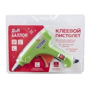Клеевой низкотемпературный пистолет 110-240 В, 20 Вт, для D 7 мм, 13*11,5*2,5 см. Зеленый, 1 шт.