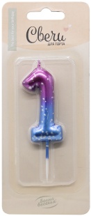 Свеча Цифра, 1 Сияющий космос, на шпажке, Градиент, 6 + 3 см, 1 шт. с держат.