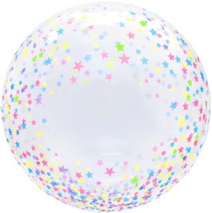 Шар (20''/51 см) Сфера, Deco Bubble, Разноцветные звездочки, Прозрачный, Кристалл, 1 шт. в уп.