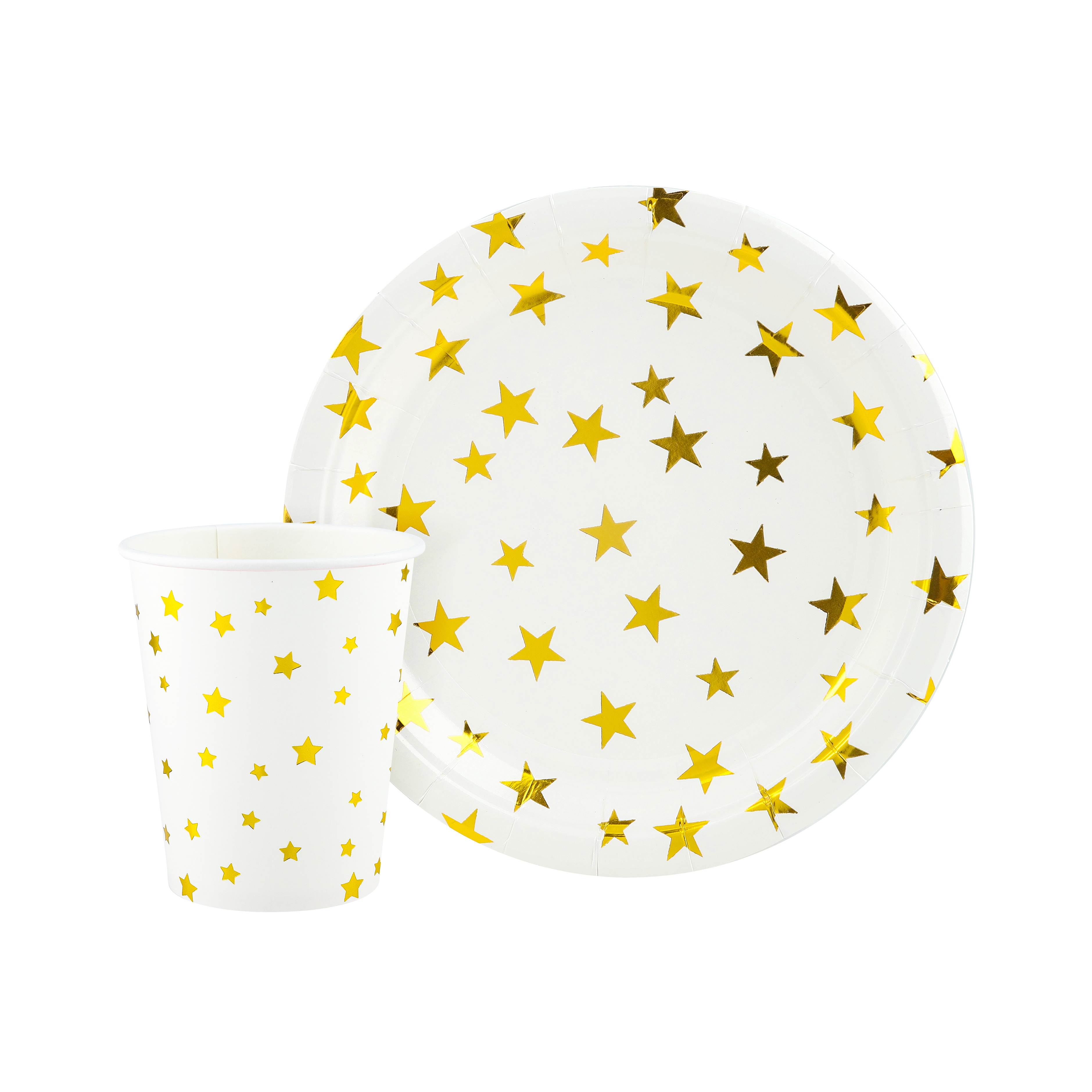 Тарелки (9''/23 см) Золотые звезды, Белый/Золото, Металлик, 6 шт.