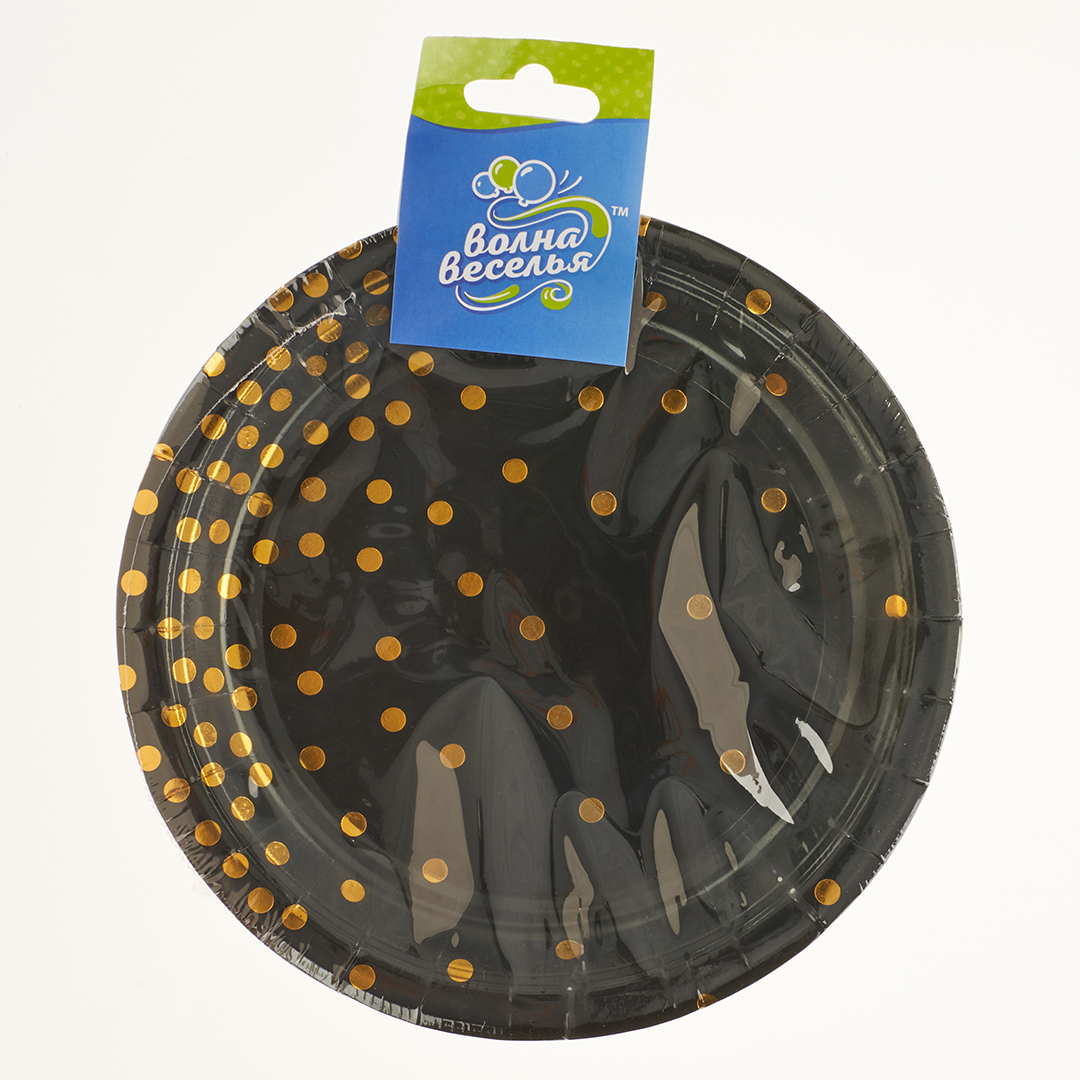 Тарелки (7''/18 см) Конфетти, Черный/Золото, Металлик, 6 шт.