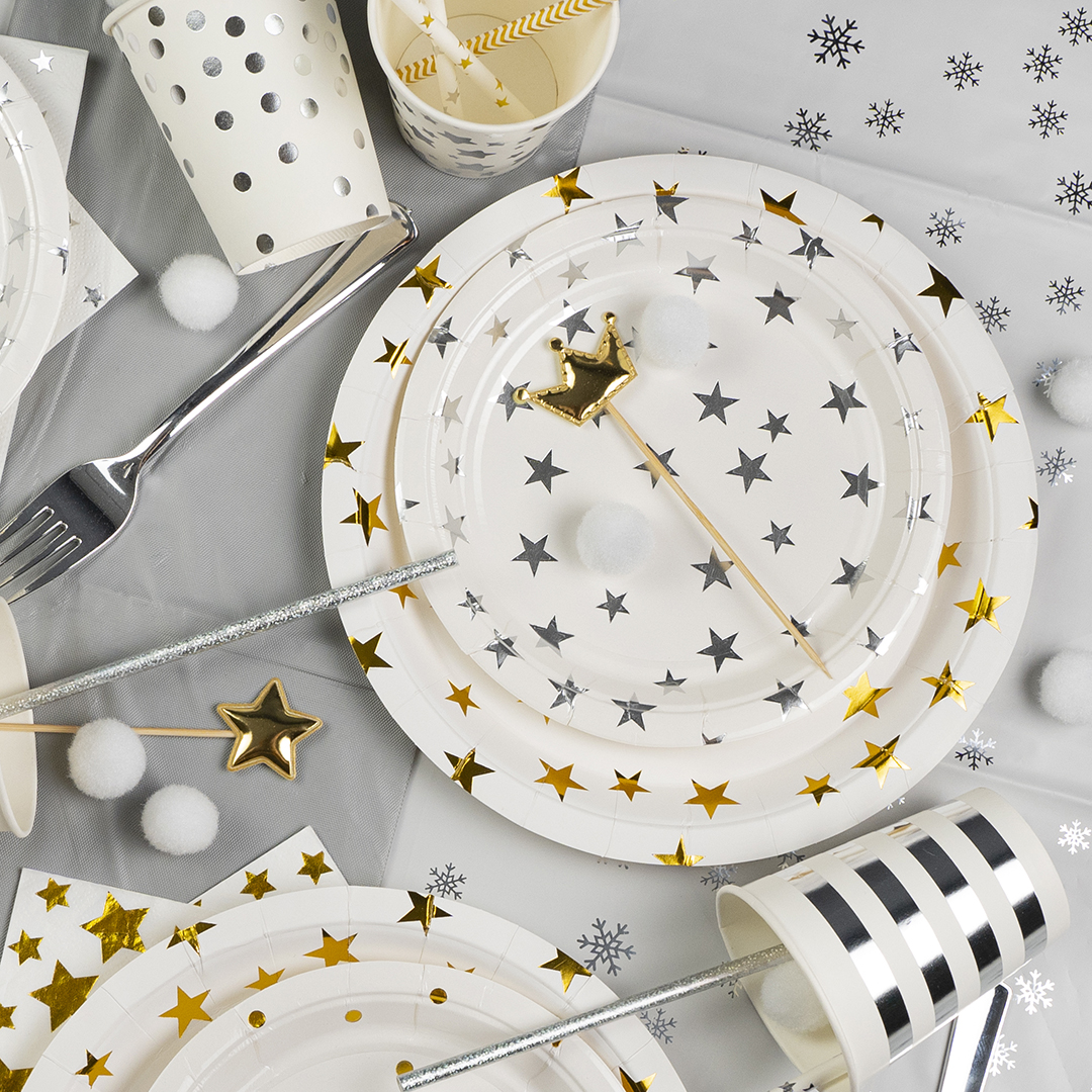 Тарелки (7''/18 см) Серебристые звезды, Белый/Серебро, Металлик, 6 шт.