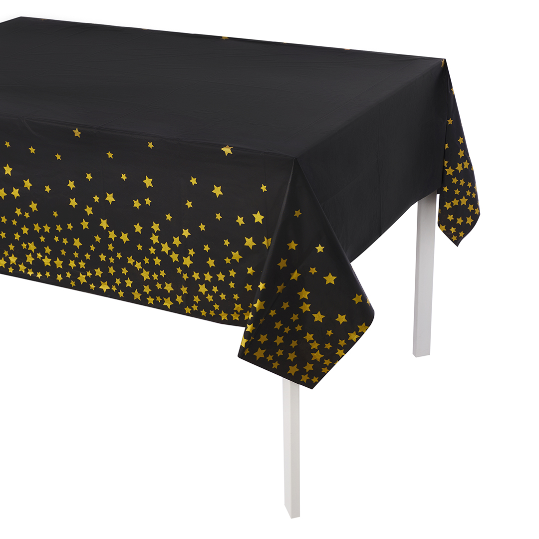 Скатерть одноразовая, Звезды, Черный/Золото, 137*274 см, 1 шт.