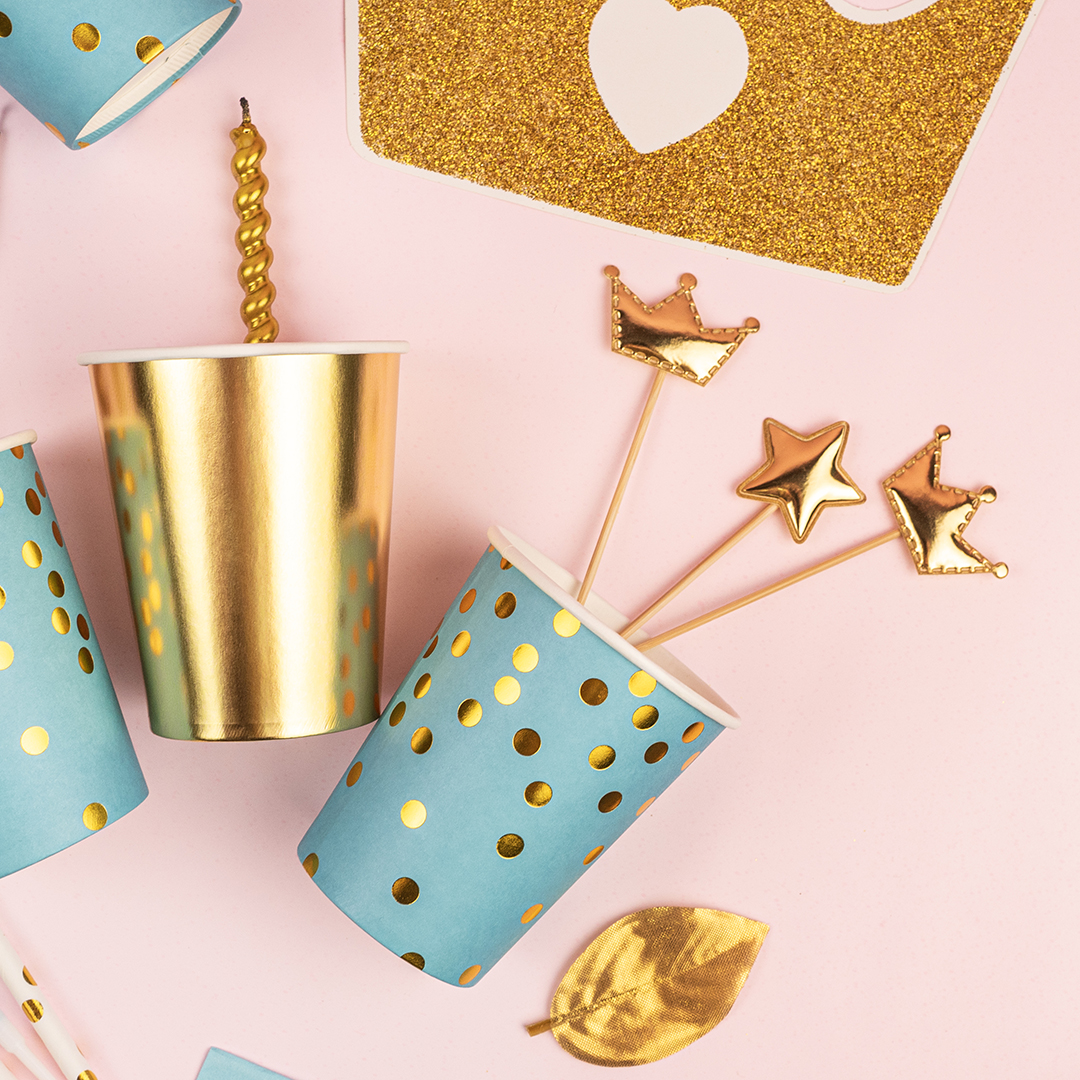 Стаканы (250 мл) Конфетти, Голубой/Золото, Металлик, 6 шт.